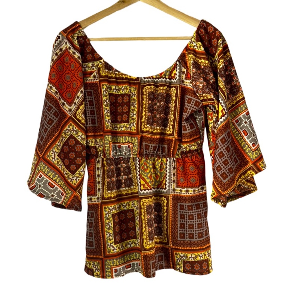 EUC Judith March orange / brown / yellow / grey flowy 3/4 sleeve blouse